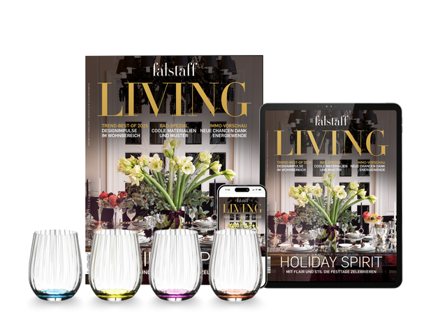 9 x FALSTAFF LIVING MAGAZIN + RIEDEL HAPPY OPTICAL O 4ER SET